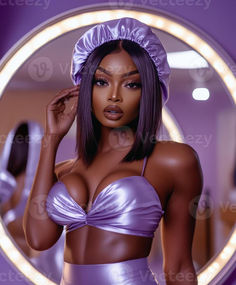 Elegant model wearing silk bonnet and satin outfit in modern setting photo