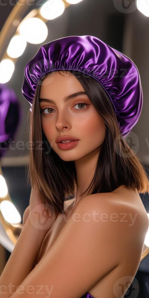 Silk bonnet fashion statement with elegant makeup in warm lighting photo