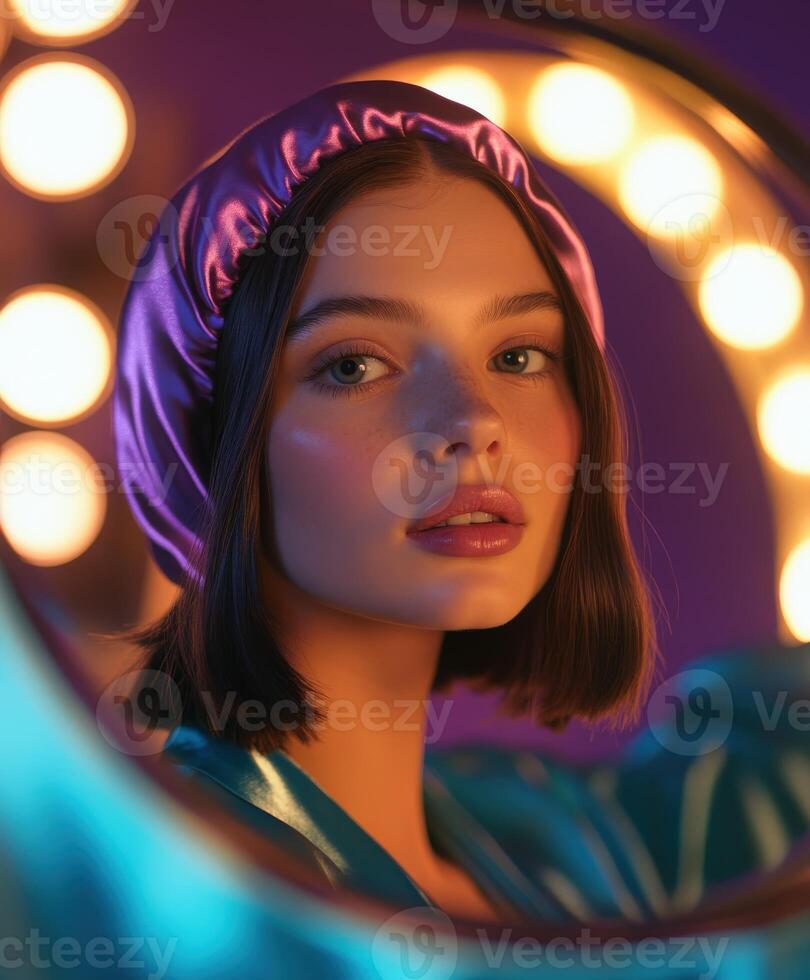 Elegant woman wearing a silk bonnet with glowing lights in the background photo