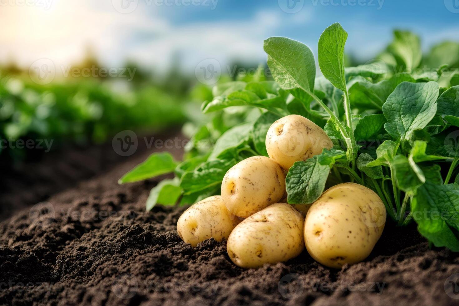 Fresh potatoes growing in a fertile field under sunlight photo