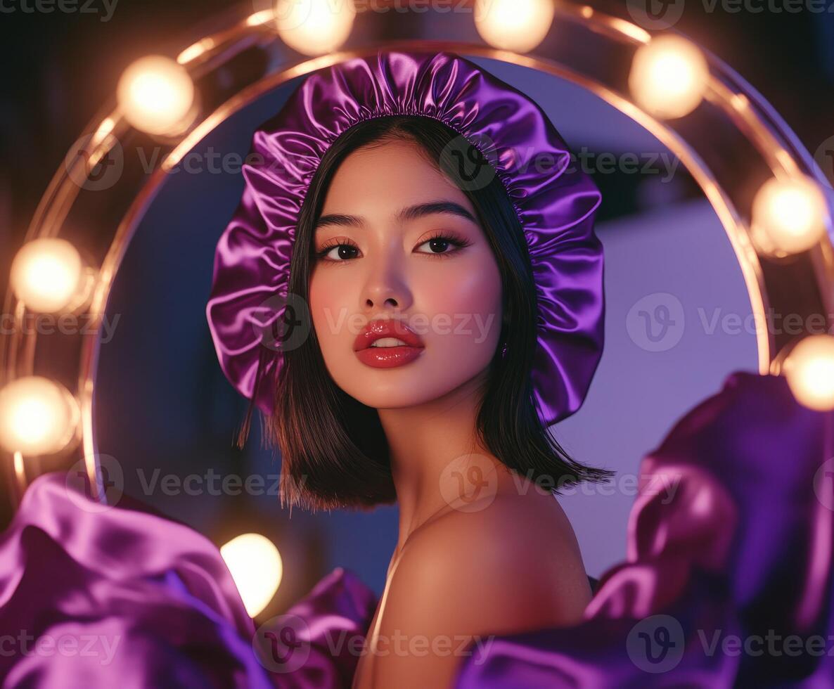 Elegant silk bonnet enhances beauty in a vibrant studio setting photo