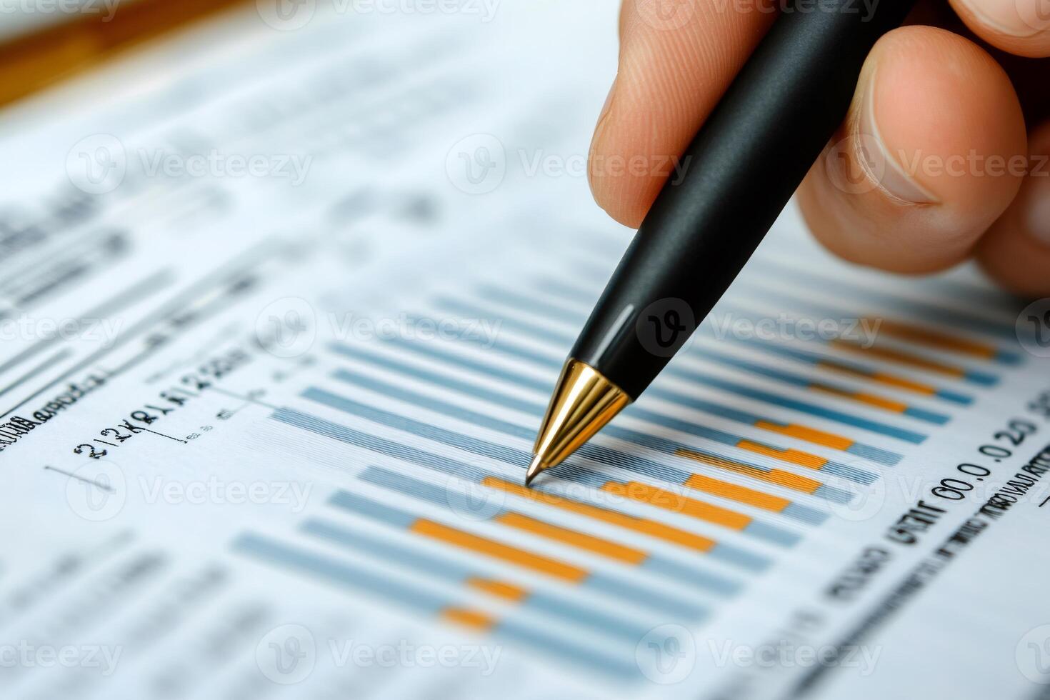 Businessman analyzing financial chart with pen and statistics report photo