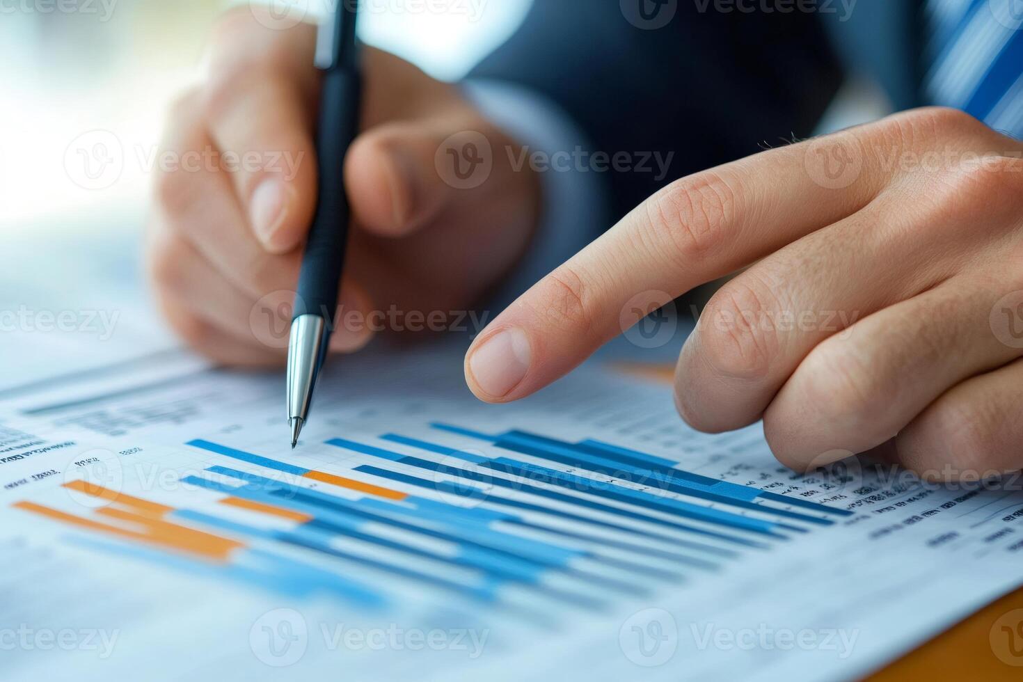 Businessman analyzing financial chart with pen and finger pointing photo