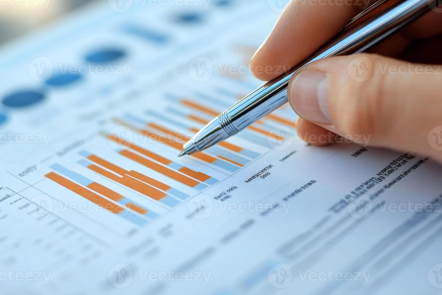 Businessman analyzing financial charts and graphs using pen photo