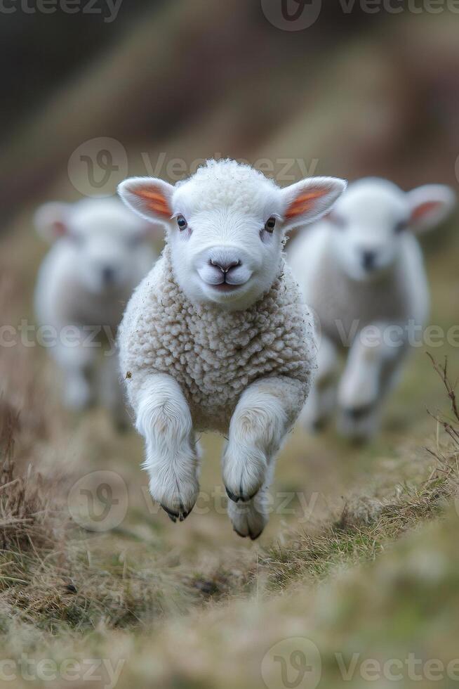 Lambs running and jumping in the meadow photo