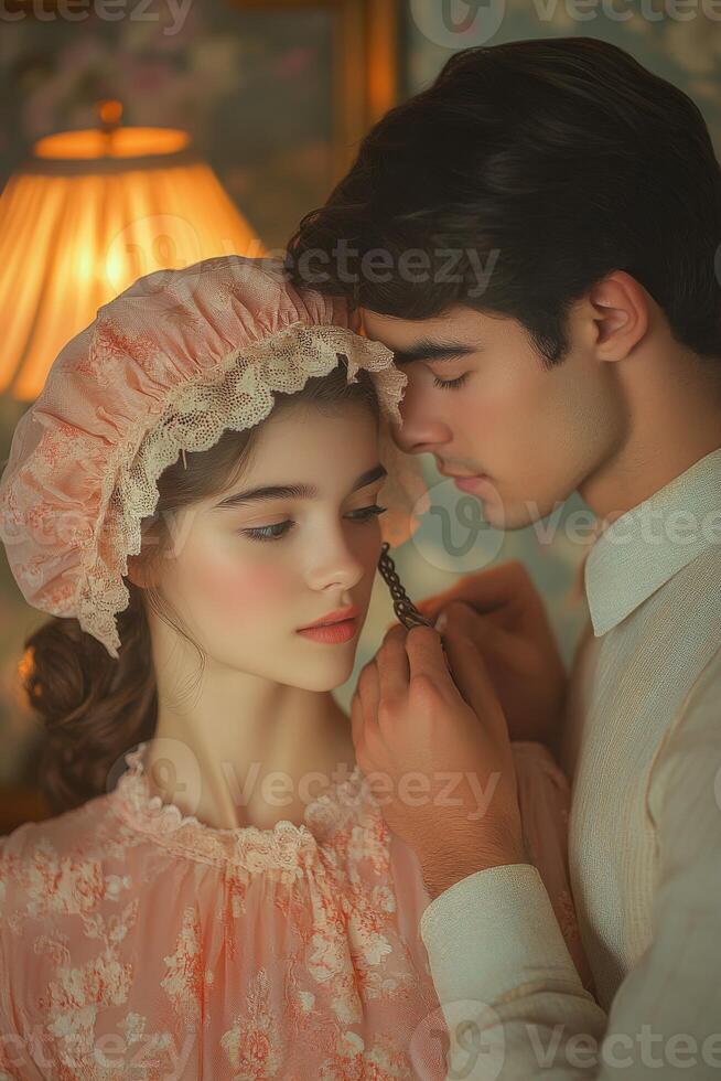 Couple sharing a tender moment while styling hair in vintage attire photo