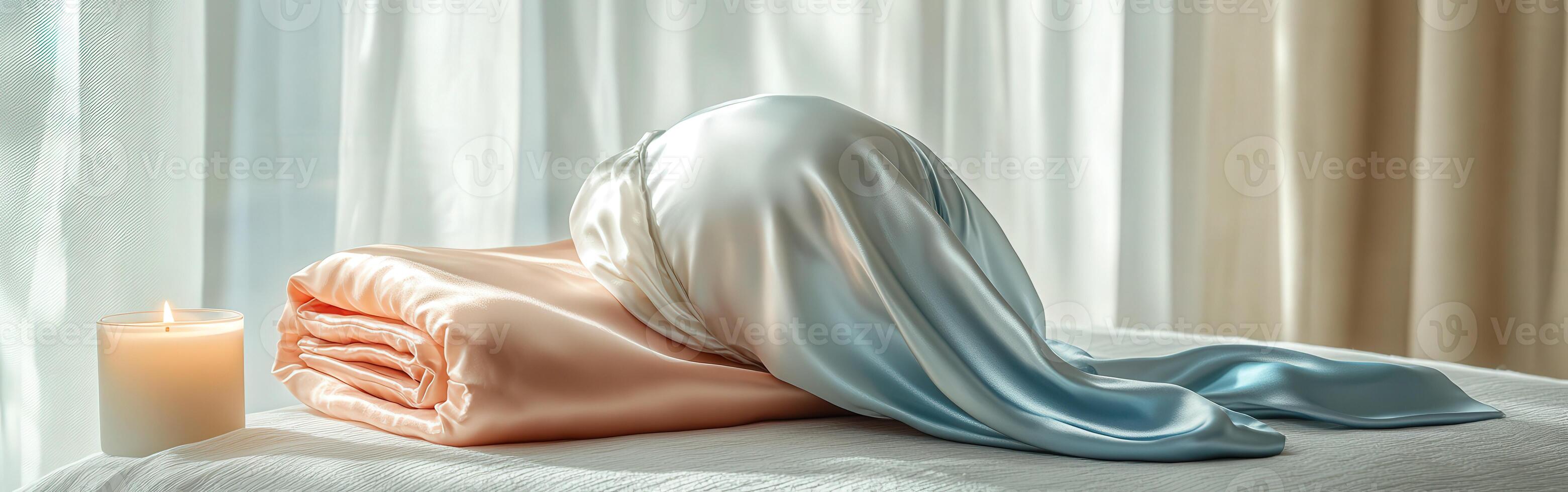 Soft silk bonnet resting on a bed with a cozy blanket and candlelight ambiance photo