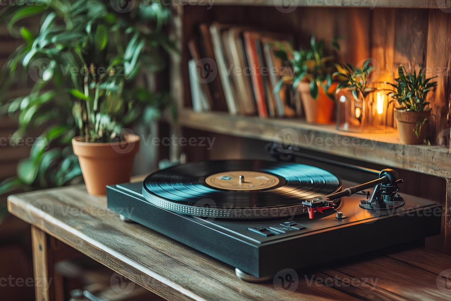 Modern turntable playing vinyl record in cozy room photo