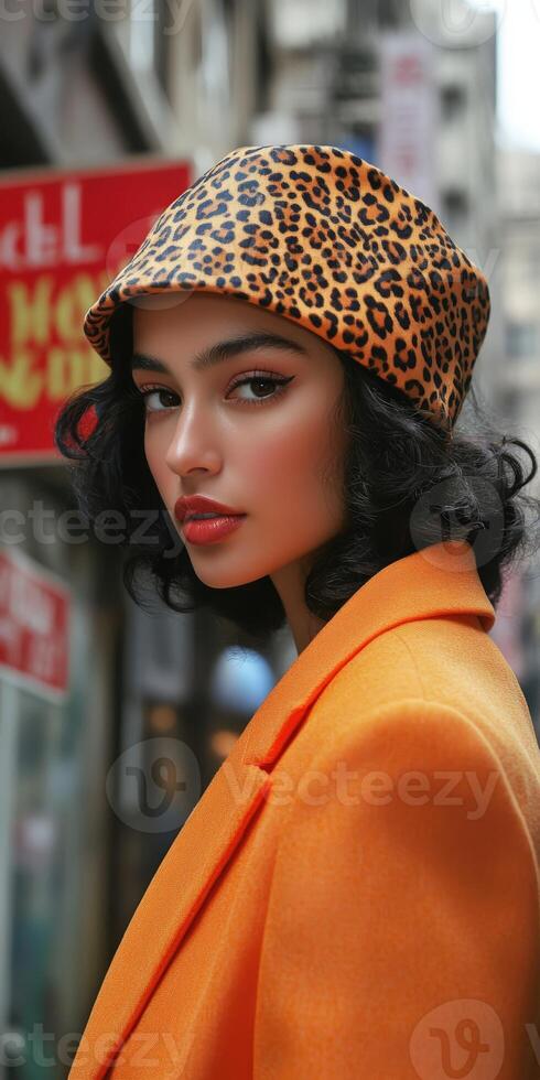 Stylish woman in leopard print silk bonnet and bright orange coat in city photo