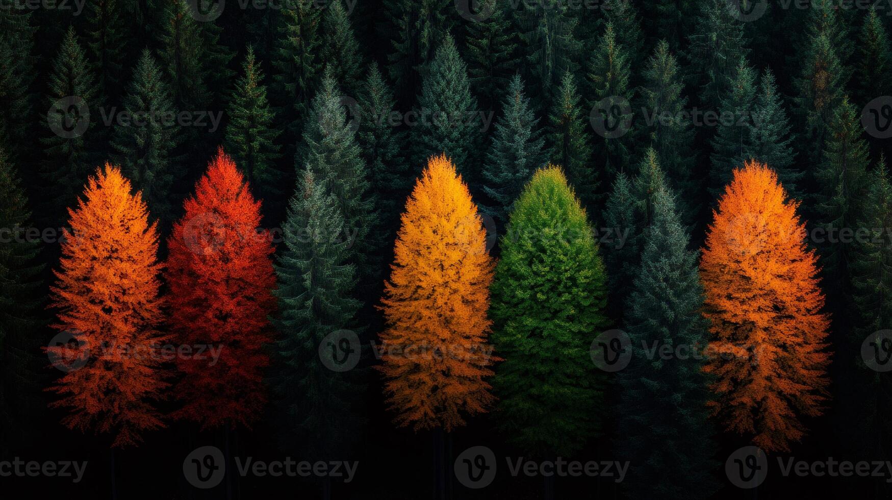 Colorful autumn trees growing in dark green forest photo