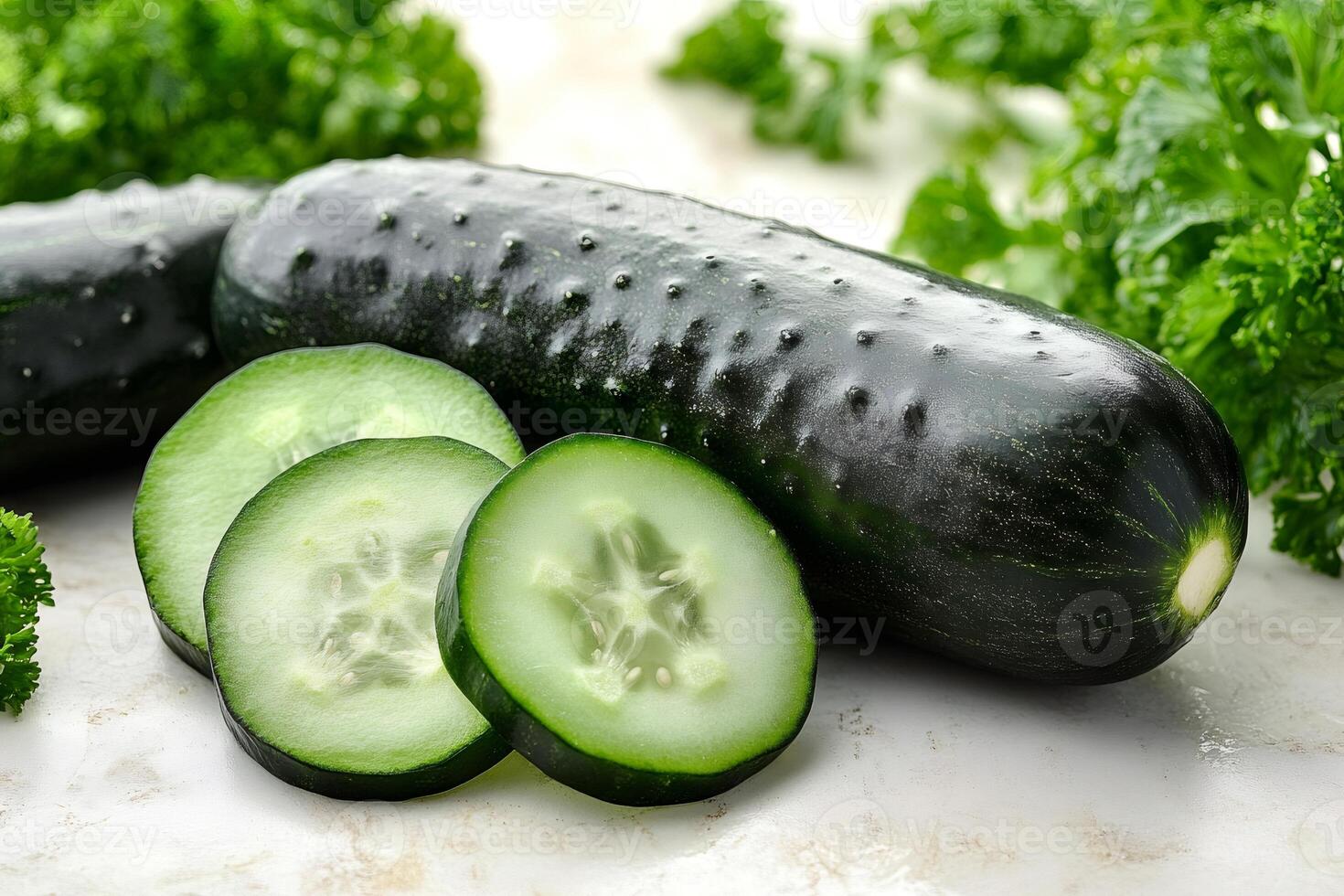 Fresh cucumbers and slices with parsley on kitchen table photo