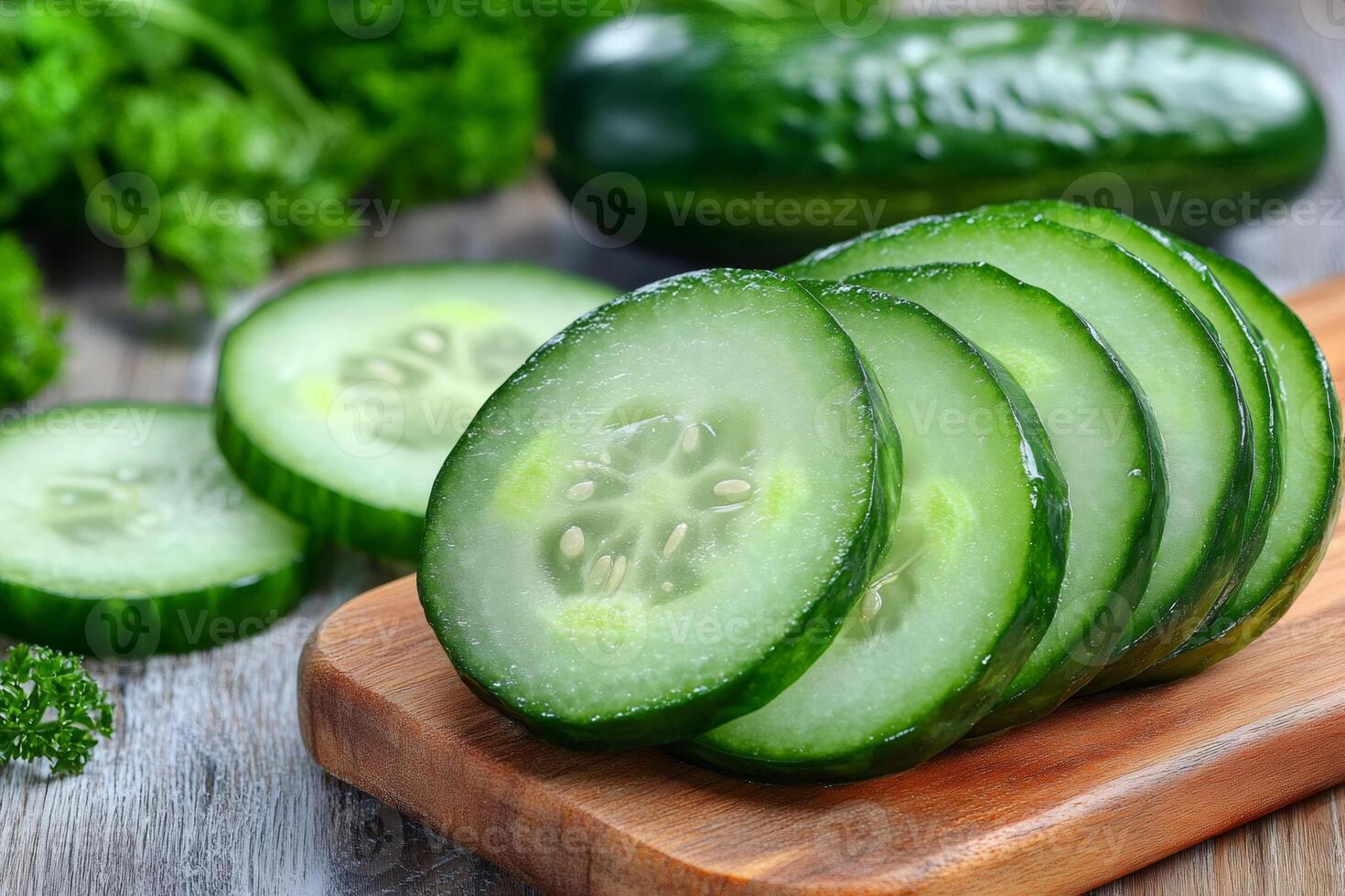 Sliced cucumber on wooden cutting board with parsley photo