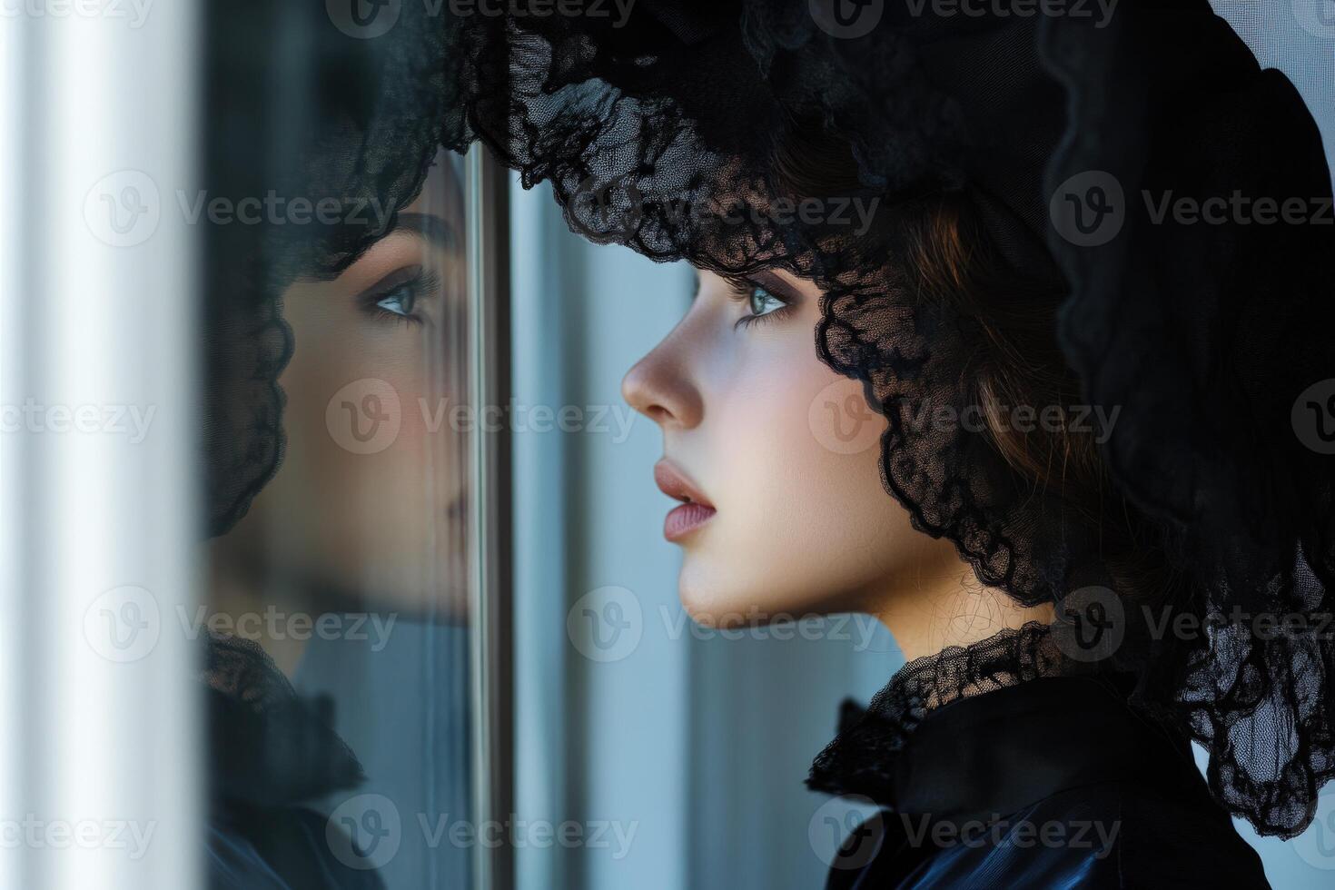 Elegant woman wearing a silk bonnet gazing thoughtfully out a window photo
