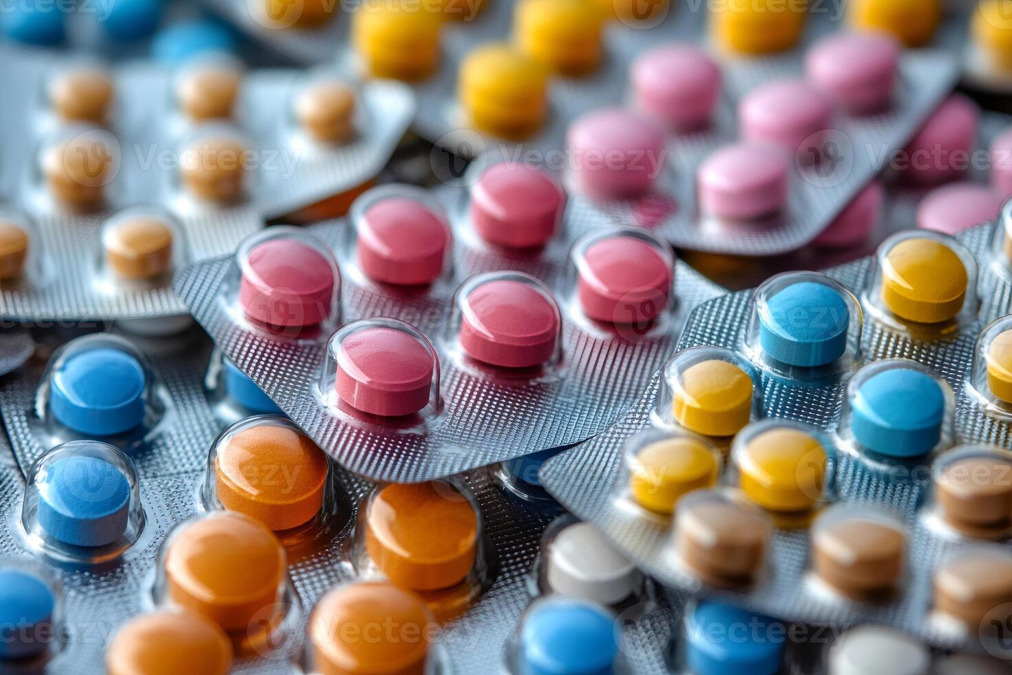 Colorful pills filling the frame in blister packs showing modern medicine photo