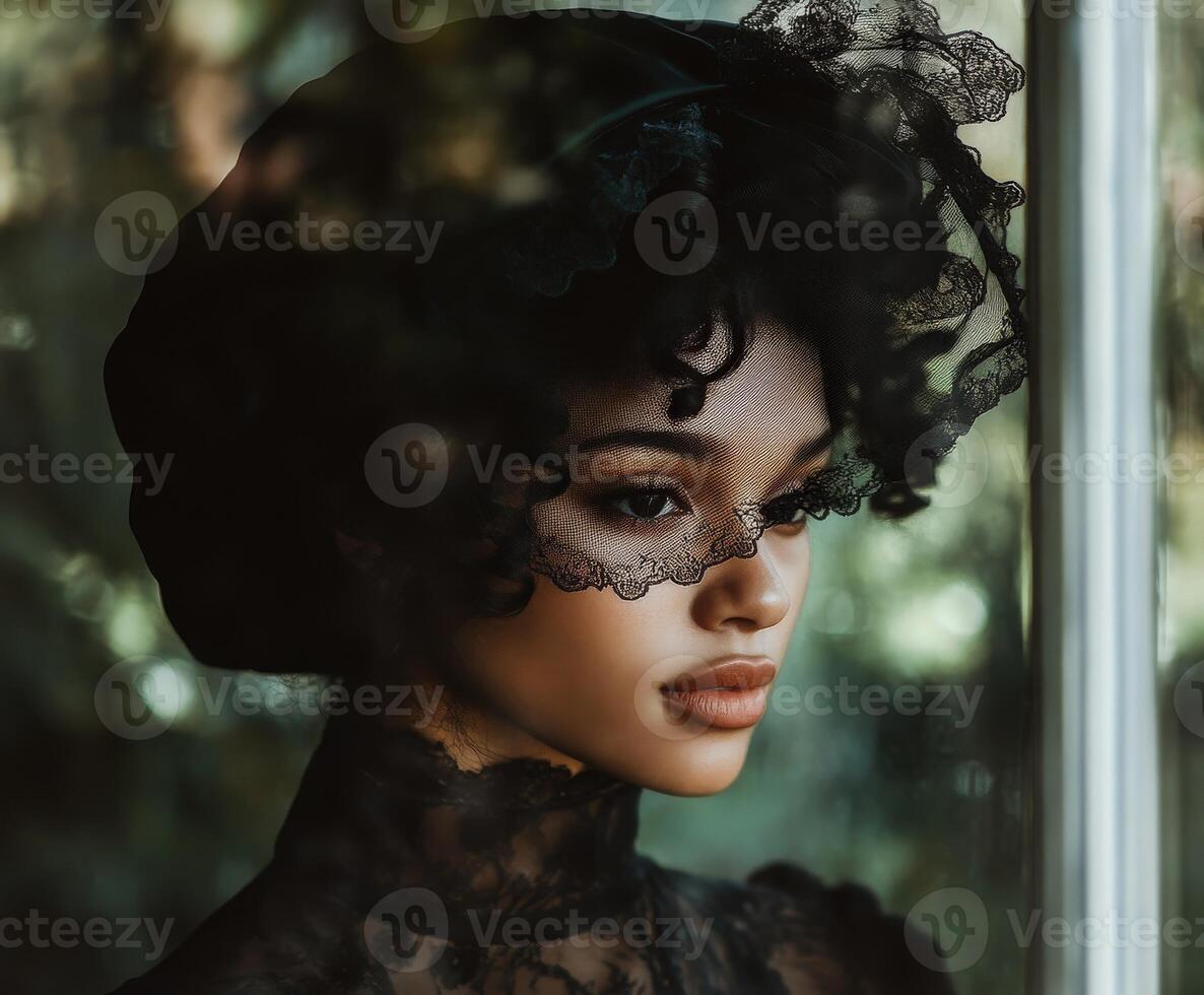 Silk bonnet worn by a woman with curly hair gazing thoughtfully out a window photo
