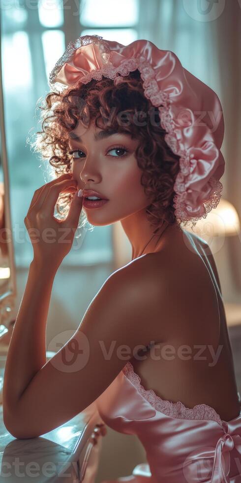 Elegant woman in silk bonnet poses in softly lit bedroom environment photo