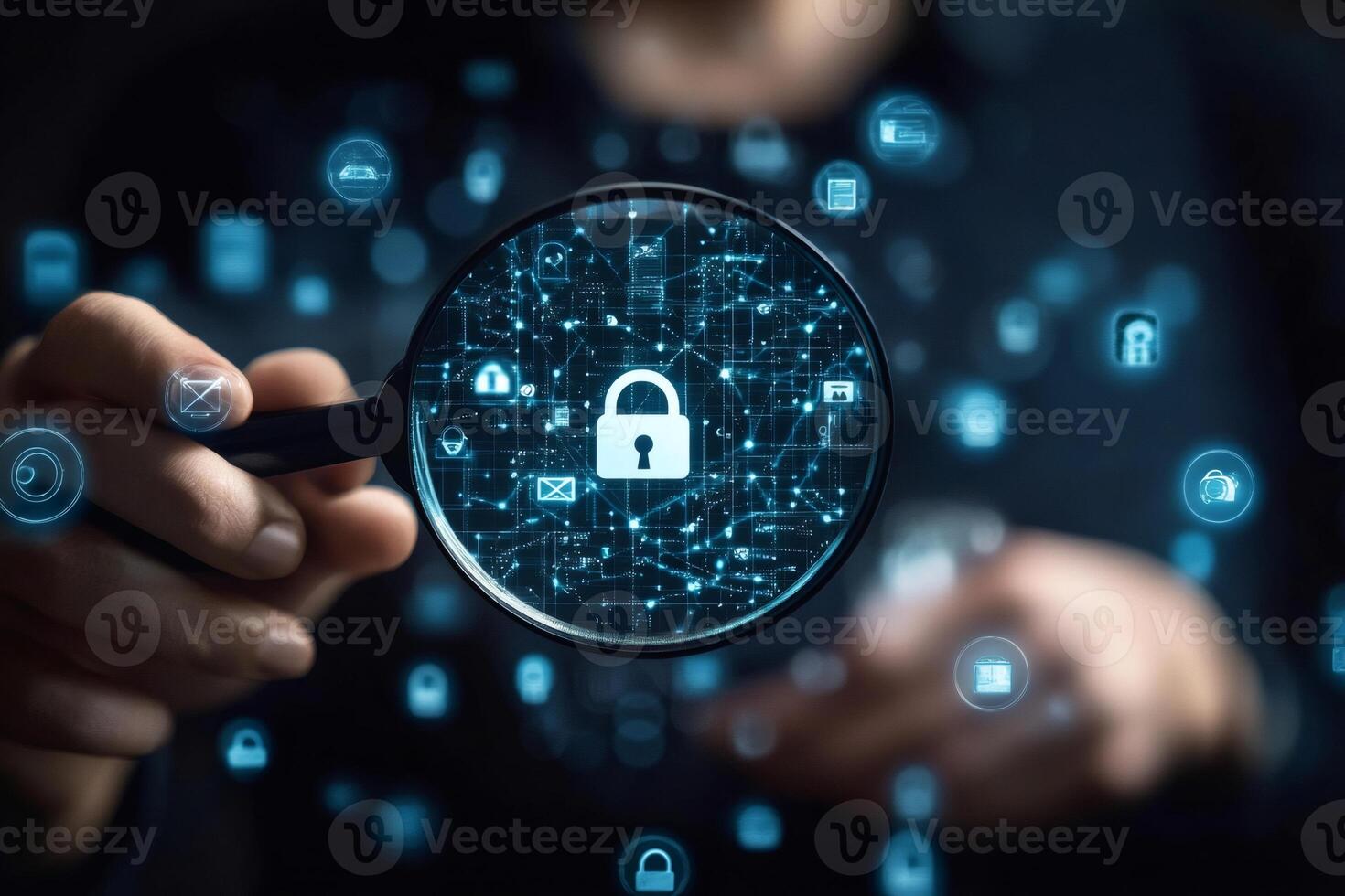Businessman holding magnifying glass showing network security padlock icon photo