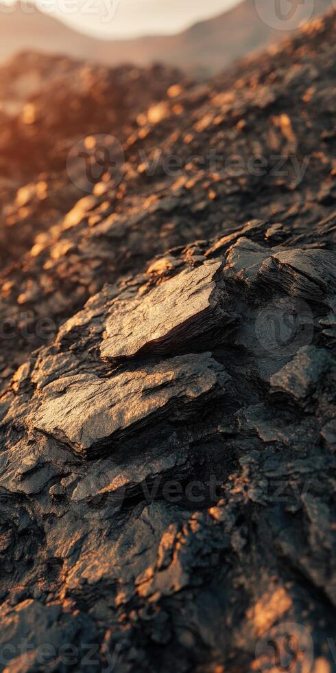 Close view of volcanic rock formations during golden hour lighting photo