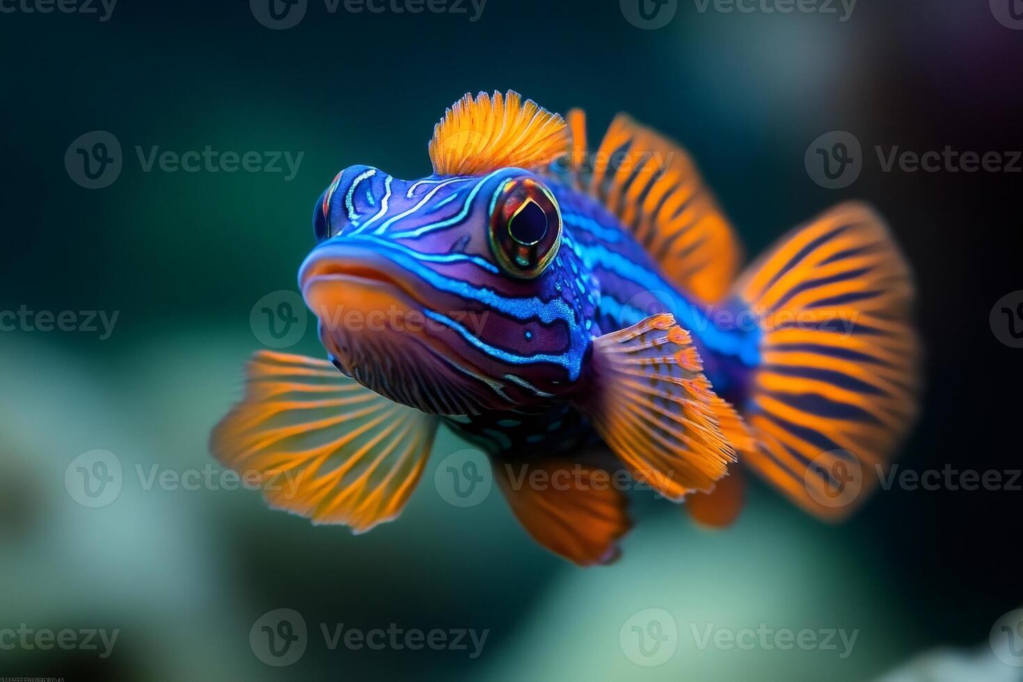 Mandarin fish swimming underwater showing vivid colors and stripes photo