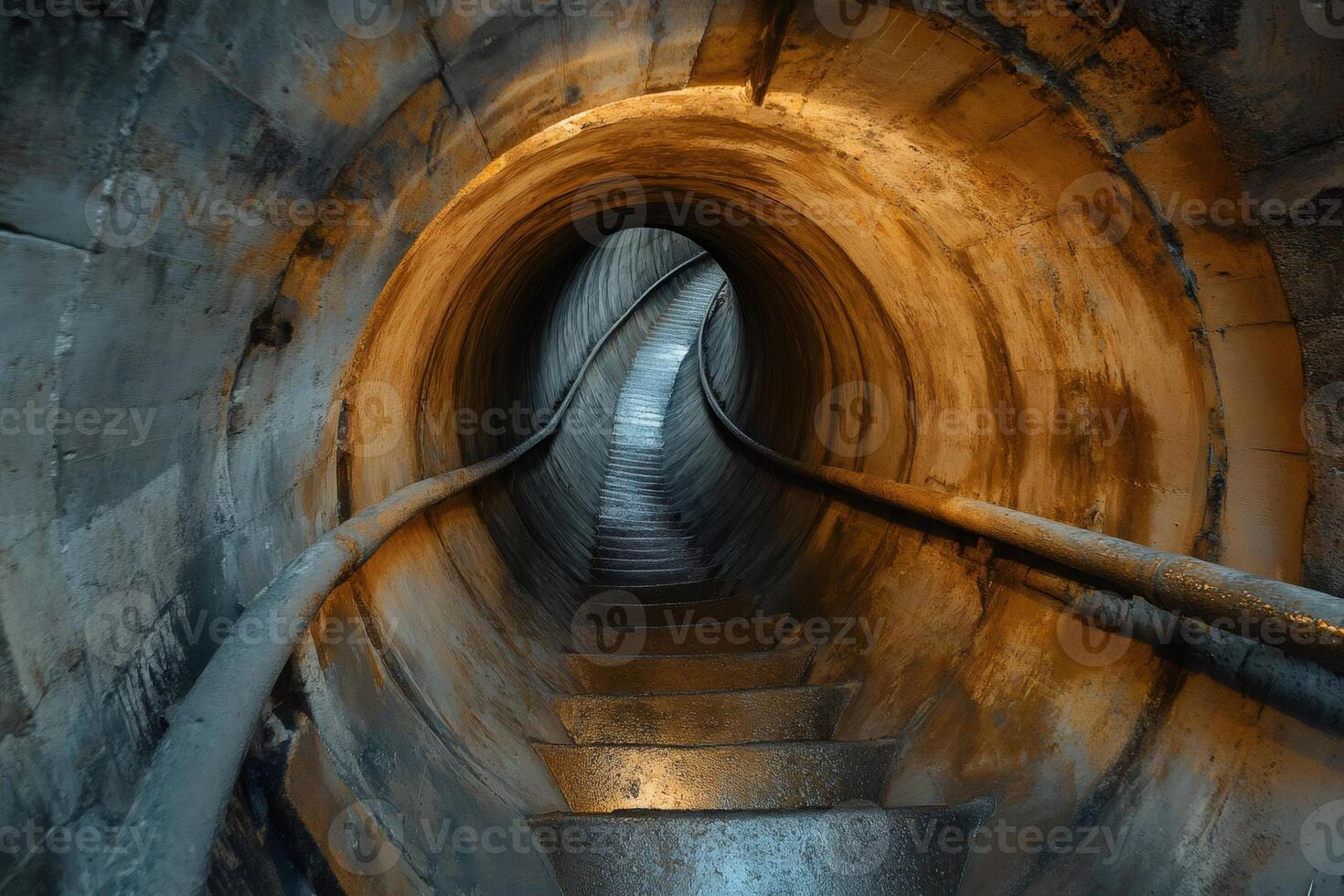 Staircase descending into round tunnel with handrails photo