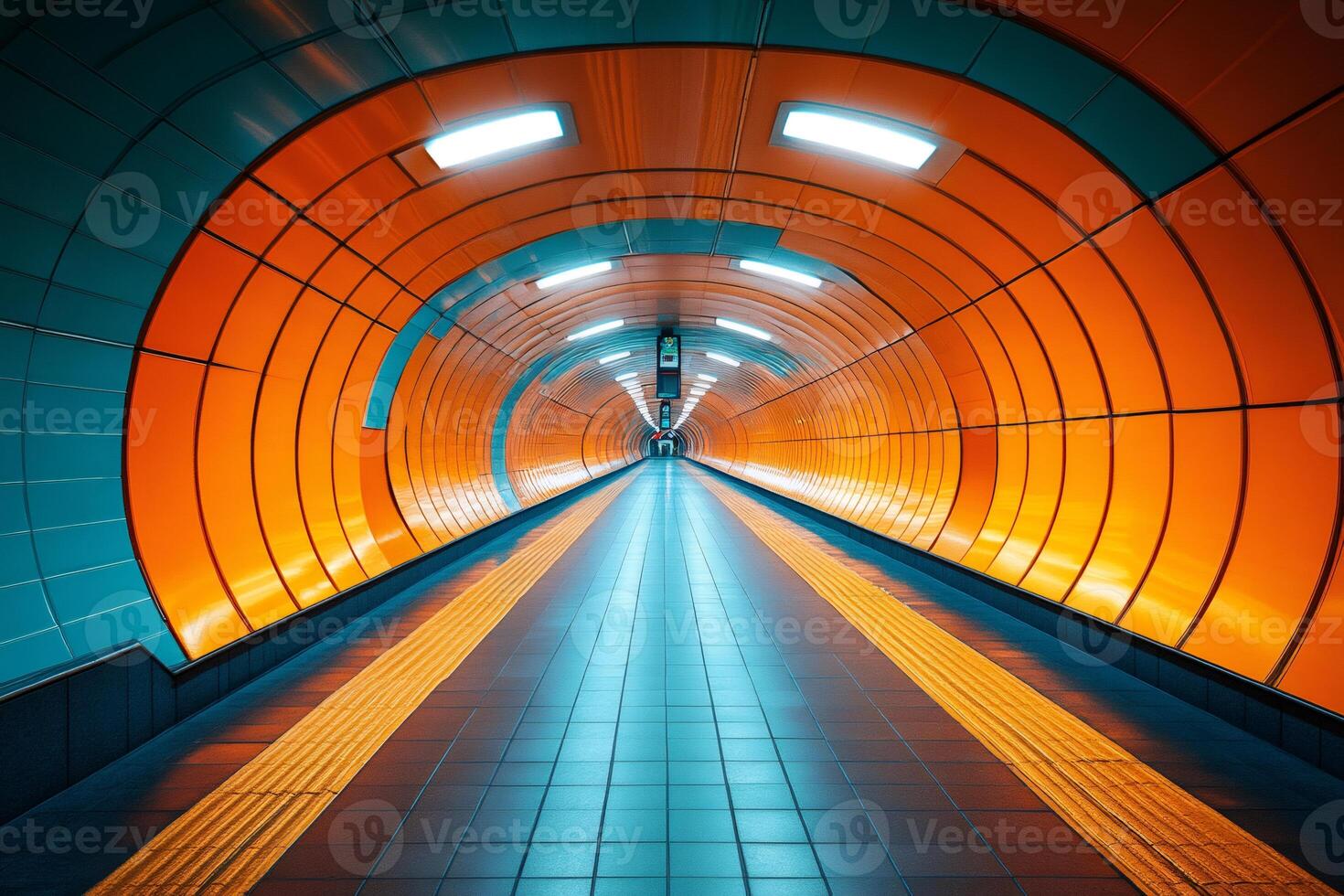 Empty pedestrian tunnel with orange and teal walls and tactile paving photo