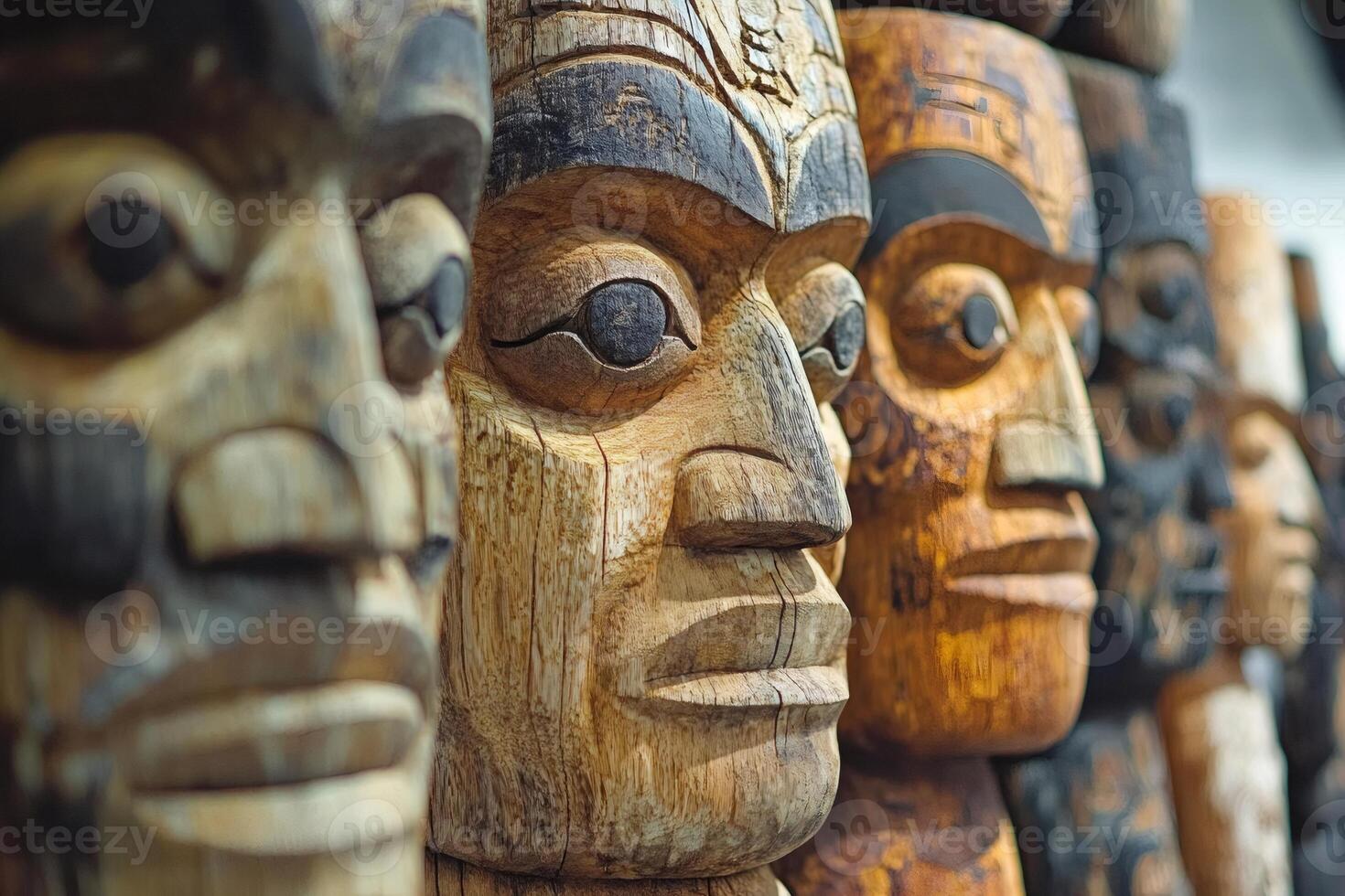Traditional totem poles showing native american art and history photo