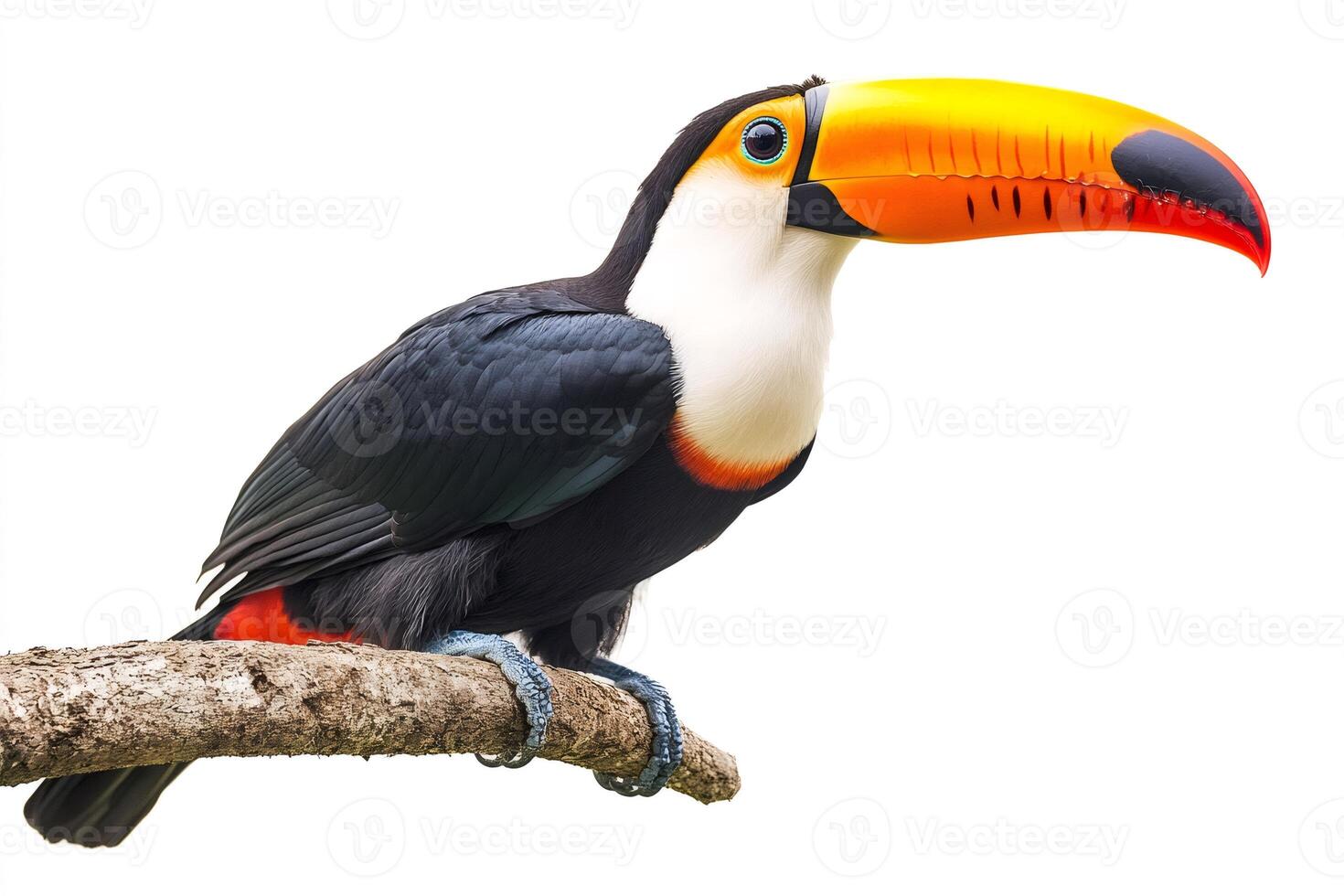 Toco toucan perching on branch with white background photo
