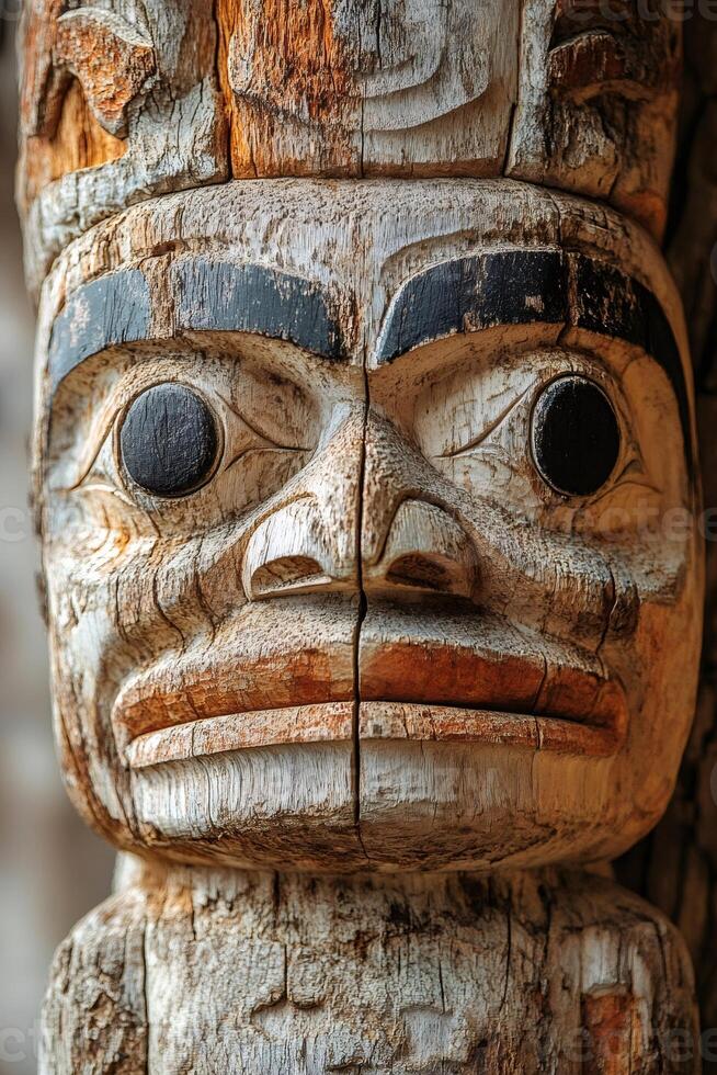 Traditional totem pole carving representing native american culture.. photo