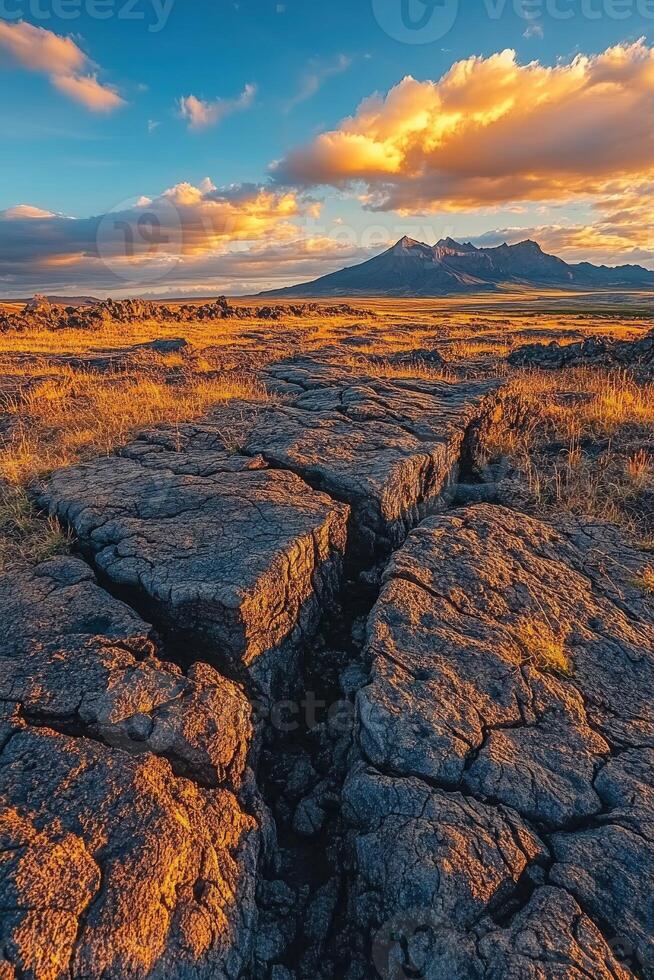 A crack in the ground in the middle of a field photo