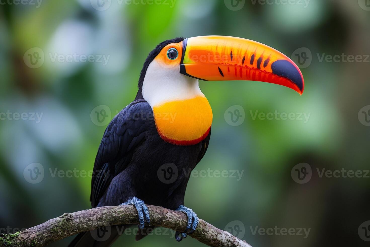 Colorful toucan perched on a branch in lush tropical rainforest photo