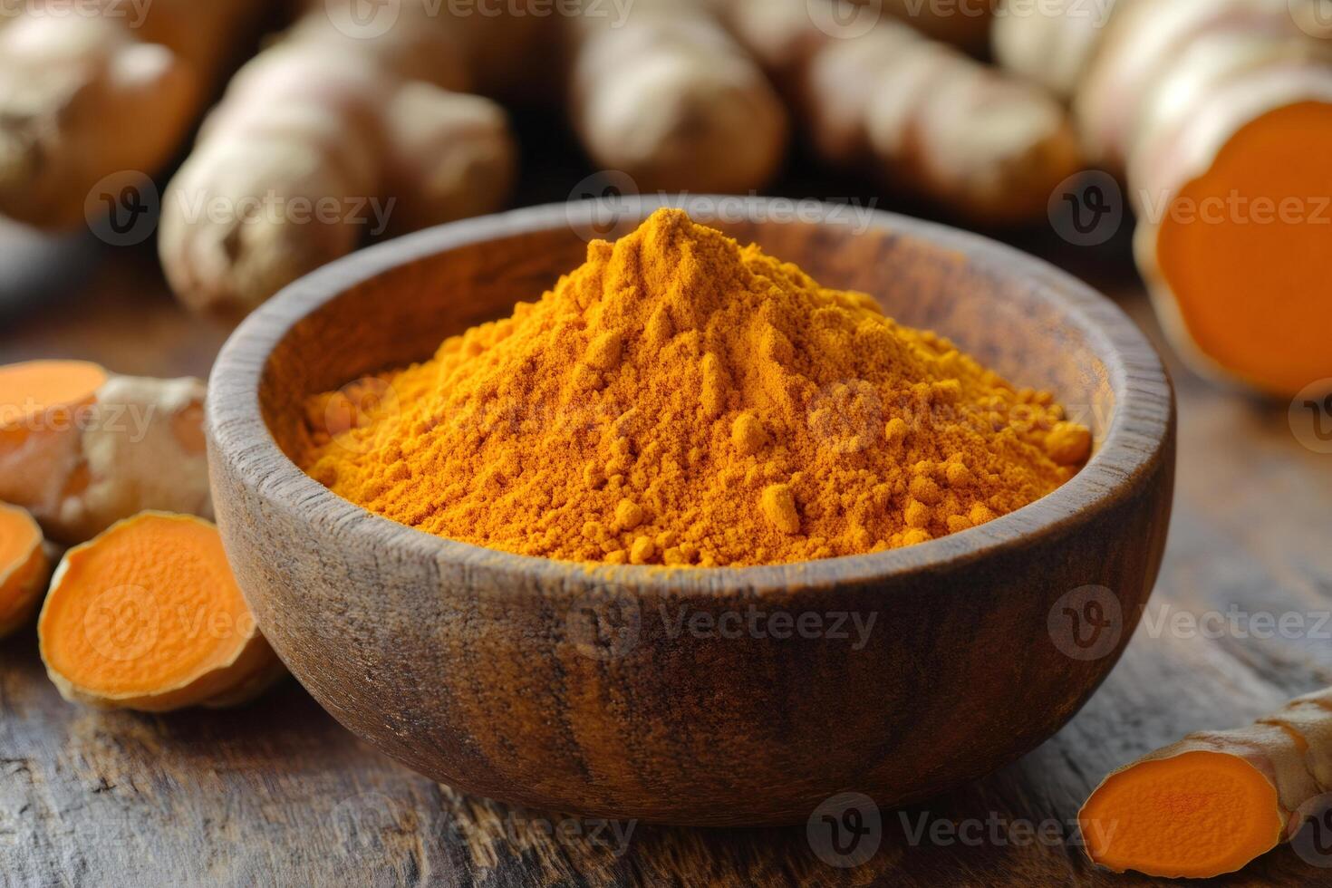 Turmeric powder in wooden bowl with turmeric rhizomes on rustic table photo