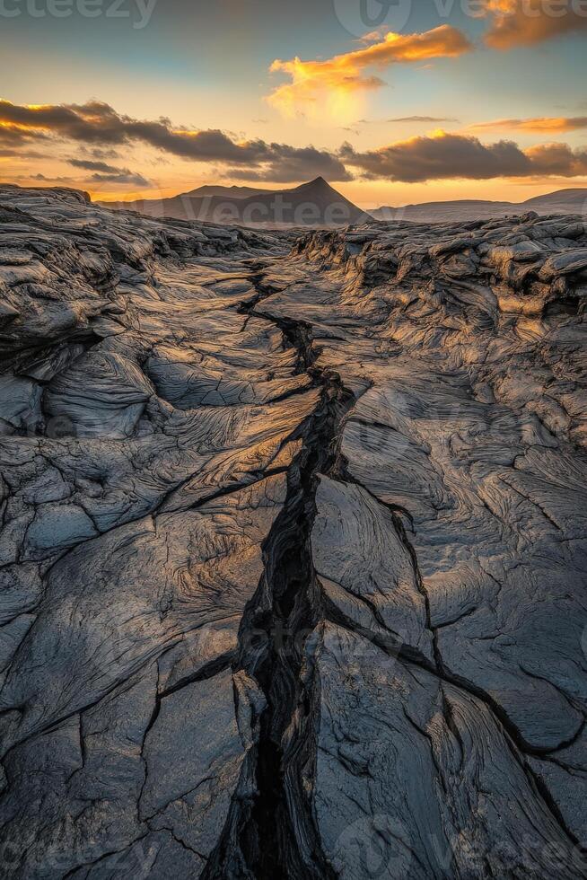 The lava flows in the middle of a desert at sunset photo