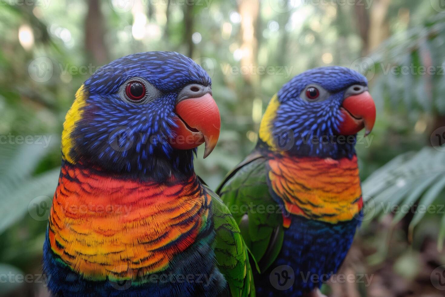 Two rainbow lorikeets showing their colorful plumage in tropical forest photo
