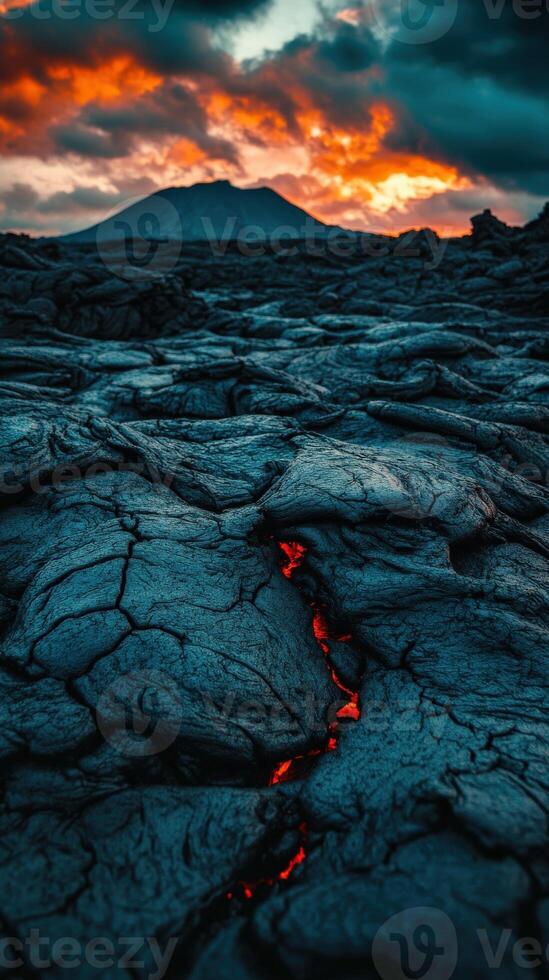 A lava flow at sunset with red and orange colors photo
