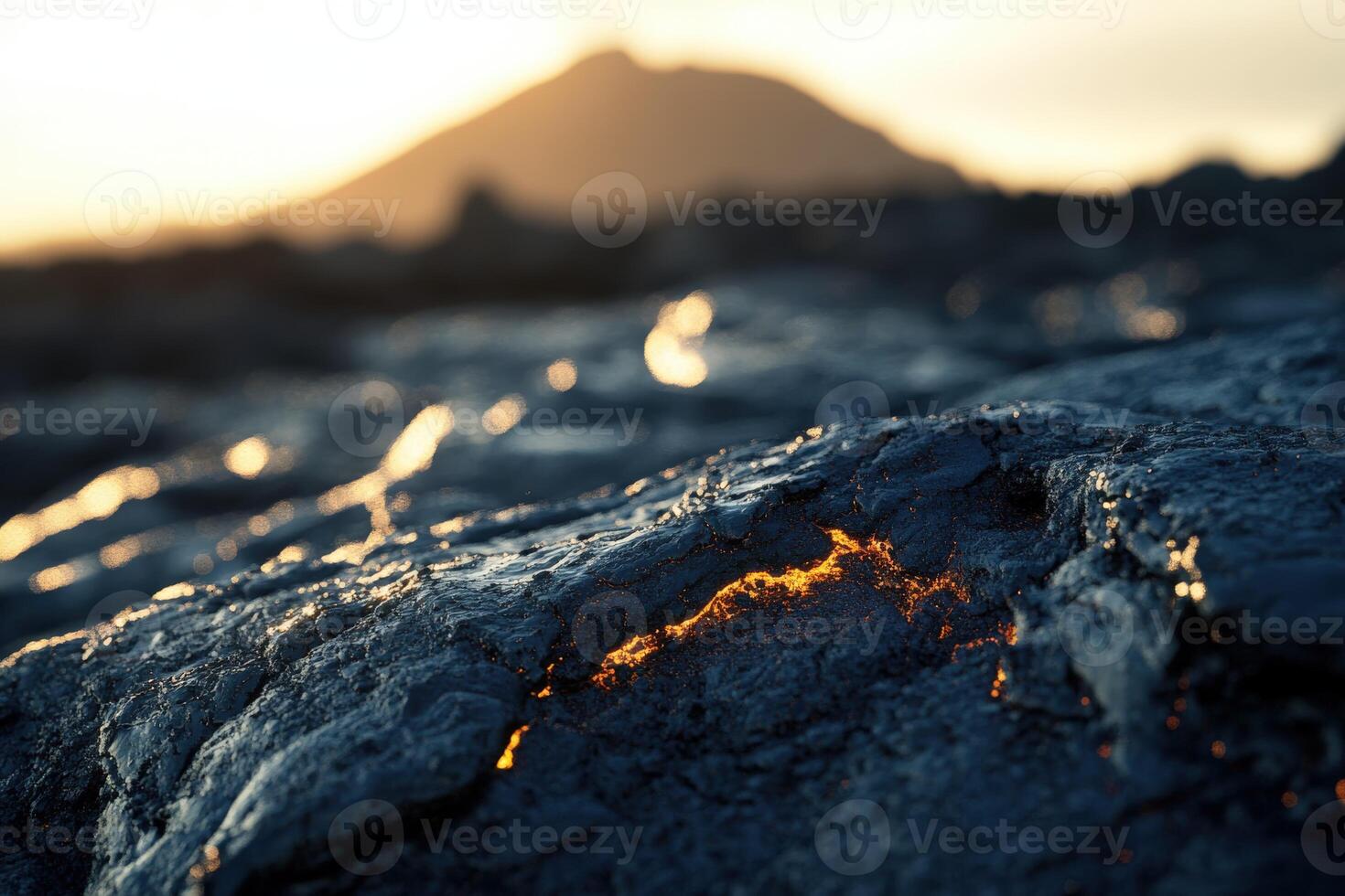 A lava flow on the ground with a mountain in the background photo