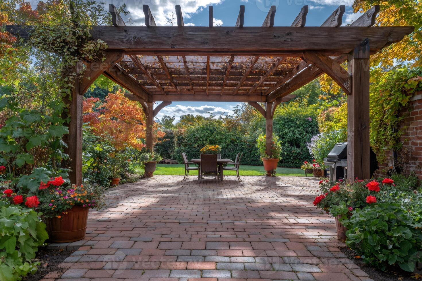 Wooden pergola providing shade on a brick patio in a lush garden .. photo