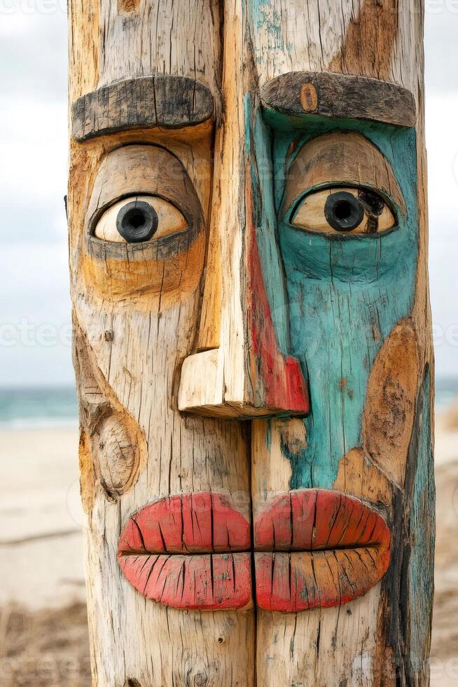 Wooden totem pole showing two faces with red lips on a beach photo