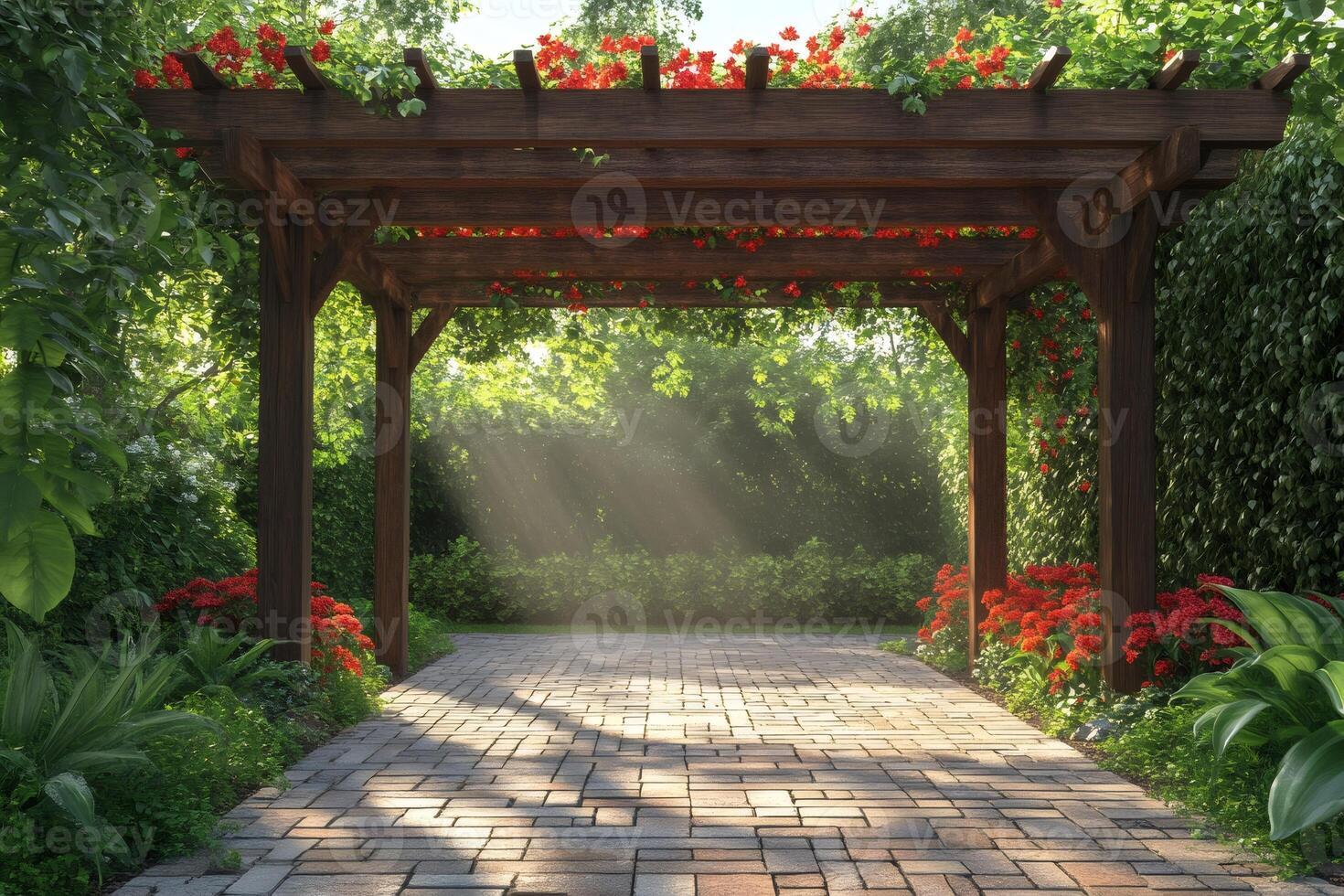 Wooden pergola providing shade in a lush garden with sun rays photo