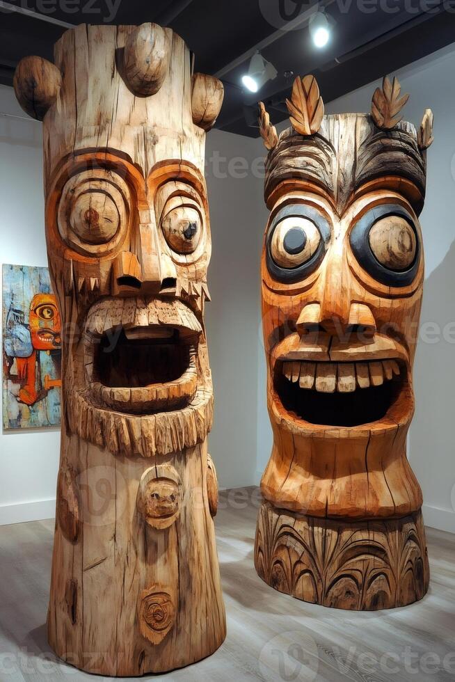 Two large wooden totem poles showing carved faces with open mouths photo