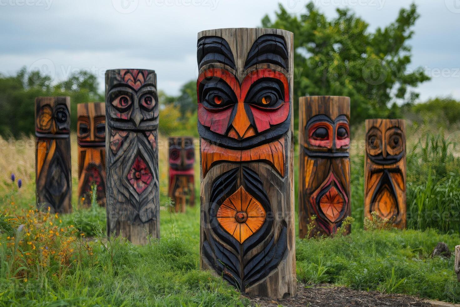 Colorful totem poles standing in green field representing native american culture photo