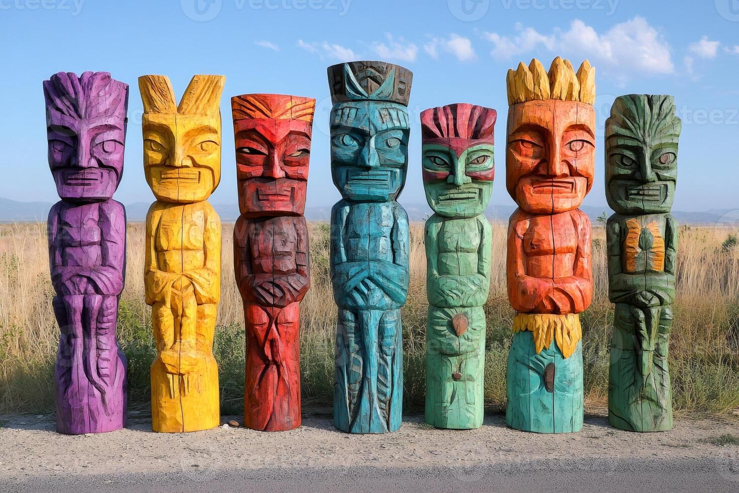 Colorful totem poles representing native american culture stand in grassy field photo