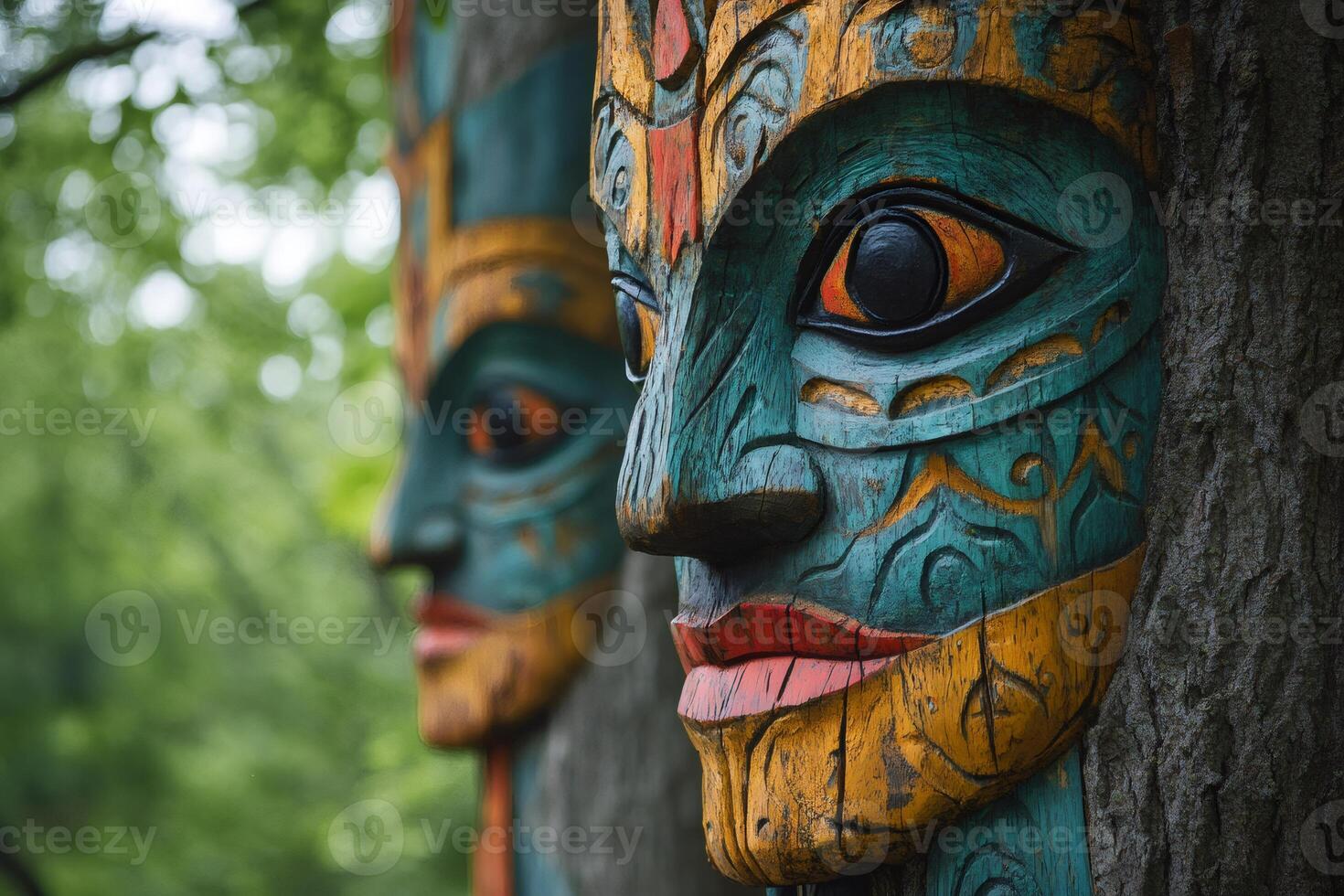Colorful totem poles representing native american culture in blurred forest background photo