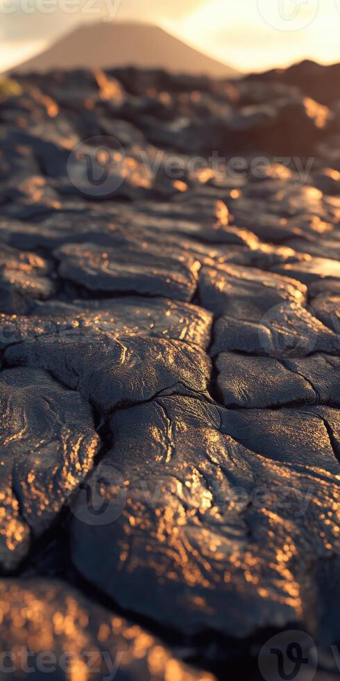 View of hardened lava flow near a volcano at sunset creating a dramatic landscape photo