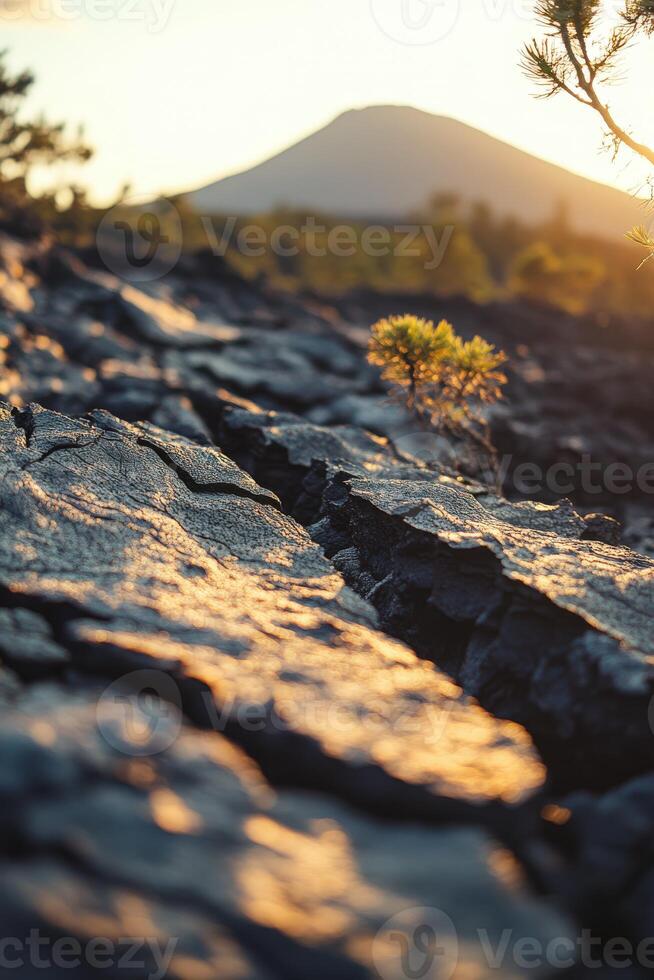 Landscape with volcanic rocks at sunset near the volcano summit photo