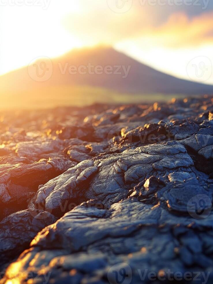 Sunset over volcanic landscape with lava formations and mountain silhouette photo