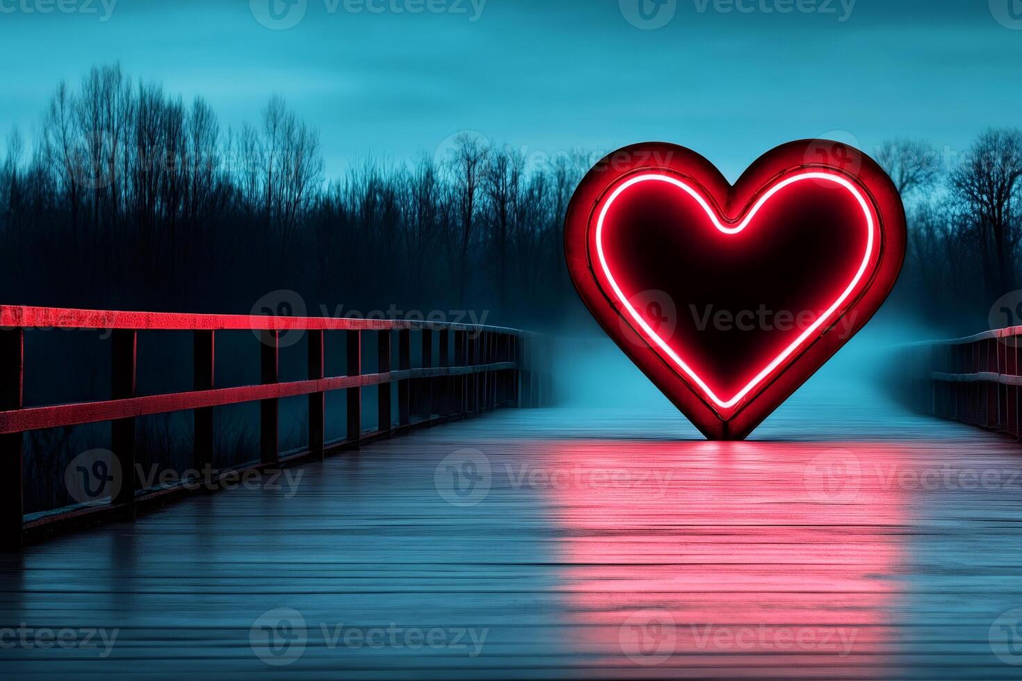 Glowing neon heart illuminating wooden bridge at twilight photo