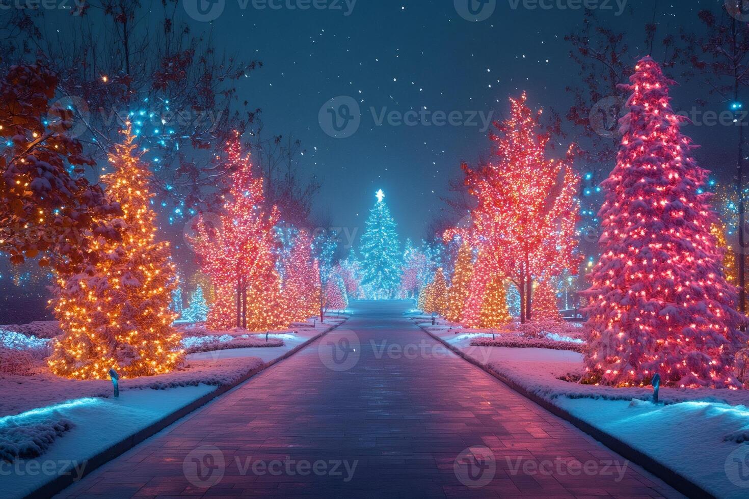 Christmas trees covered in snow create magical festive path at night photo