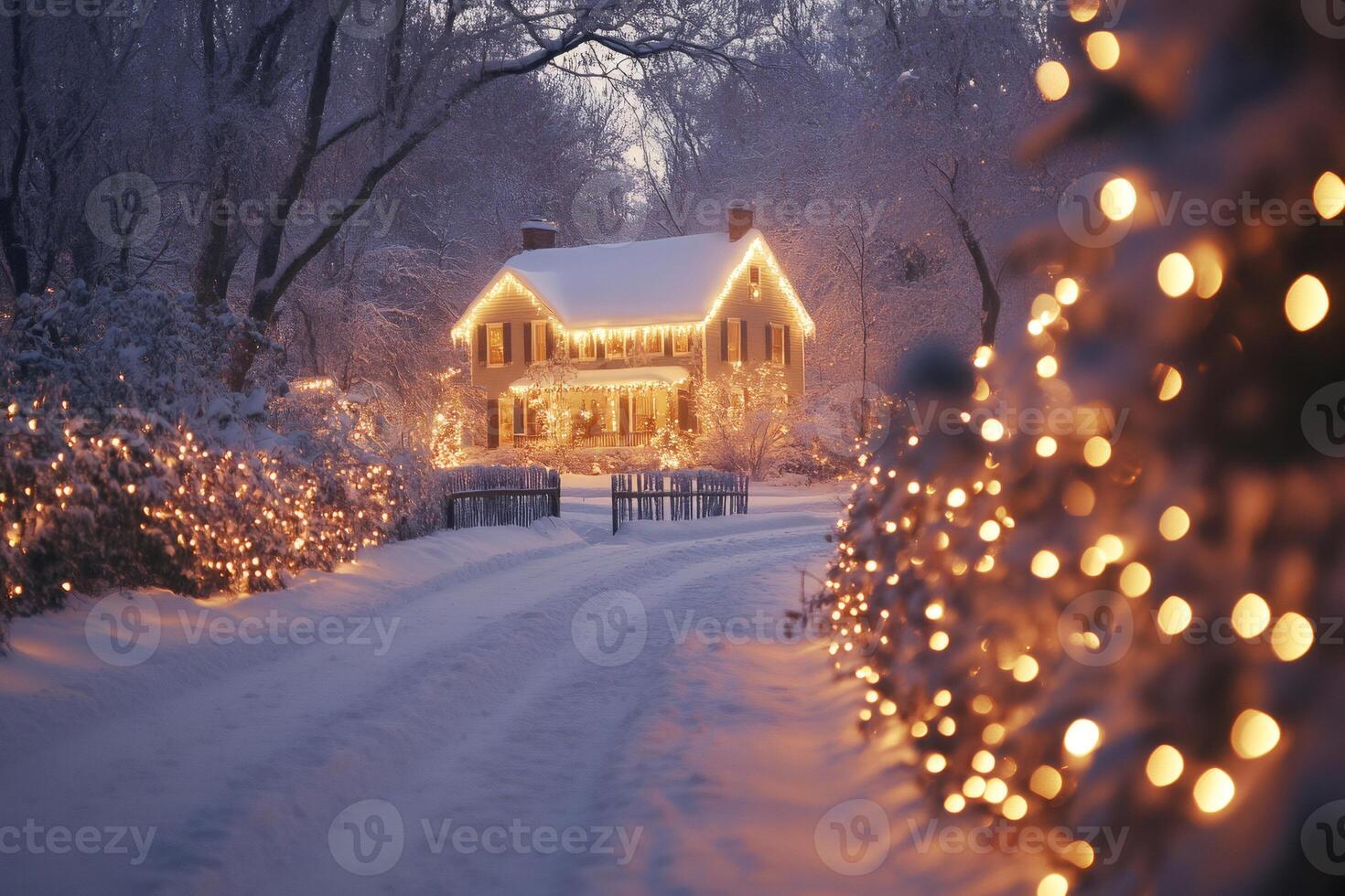 Christmas lights illuminating snowy house and driveway at dusk photo