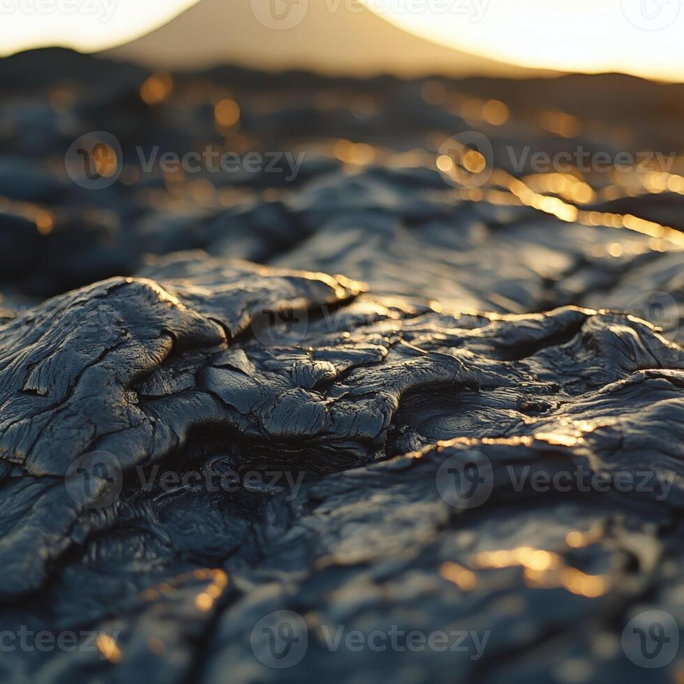 Dramatic close-up of volcanic rock during sunset near an active volcano photo