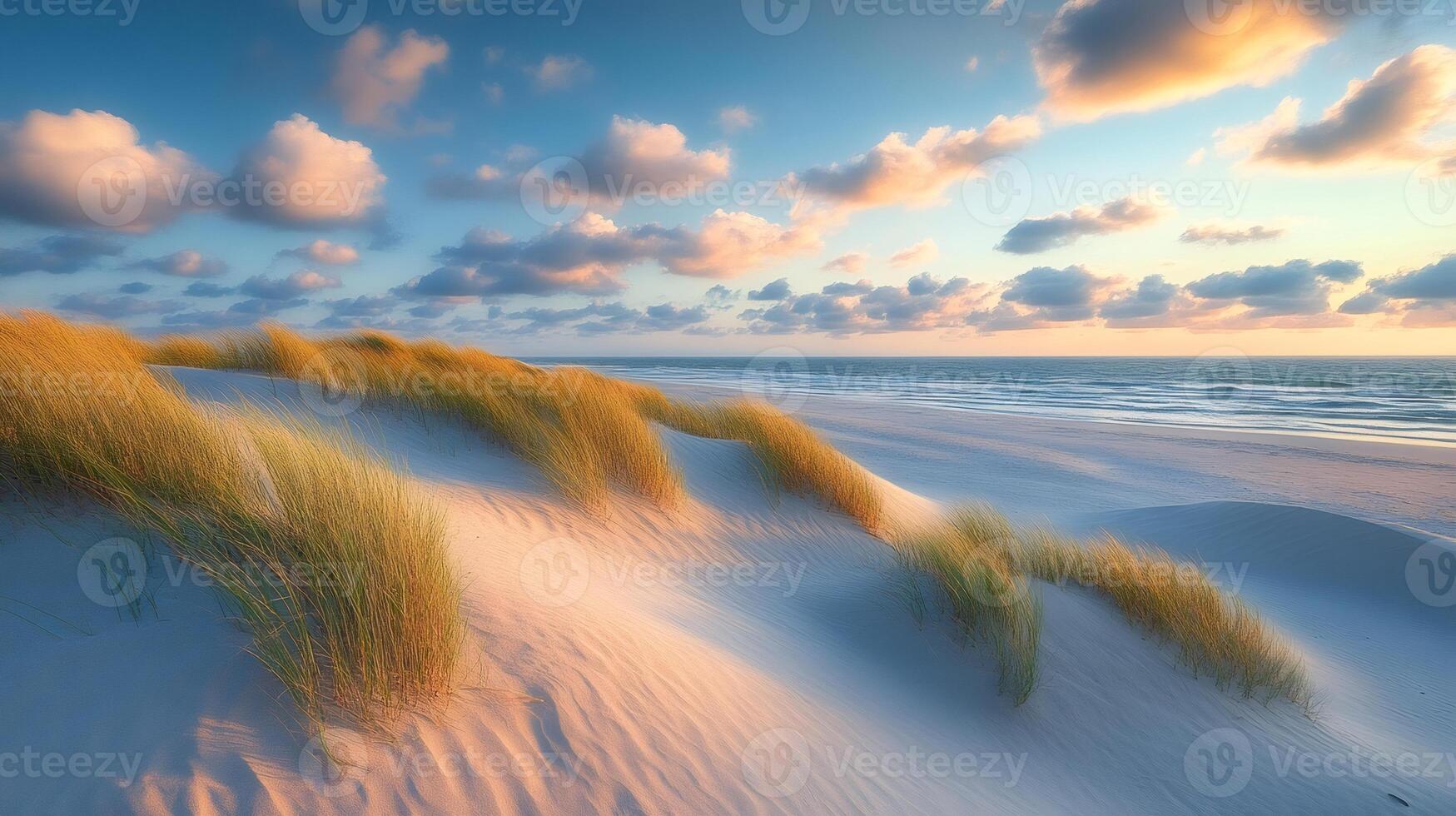 Beach dunes and grass blowing in the wind at sunset with dramatic cloudscape photo